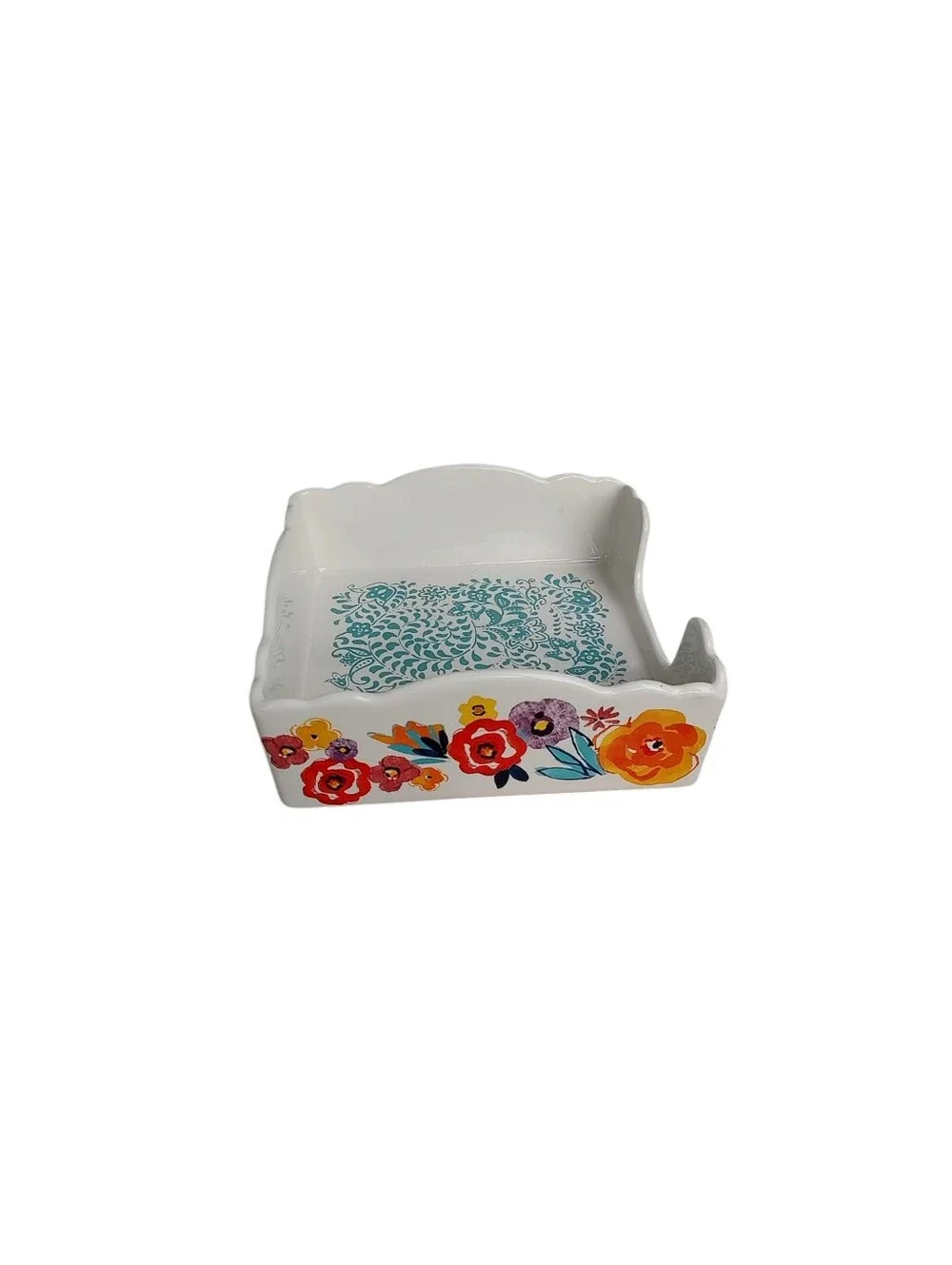 The Pioneer Woman White Floral Ceramic Napkin Holder with Teal Flea Market Print